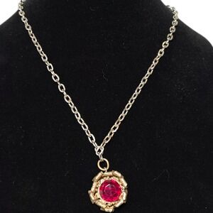 Gold‎ Tone Necklace with Red Stone Flower Pendant Fashion Jewelry